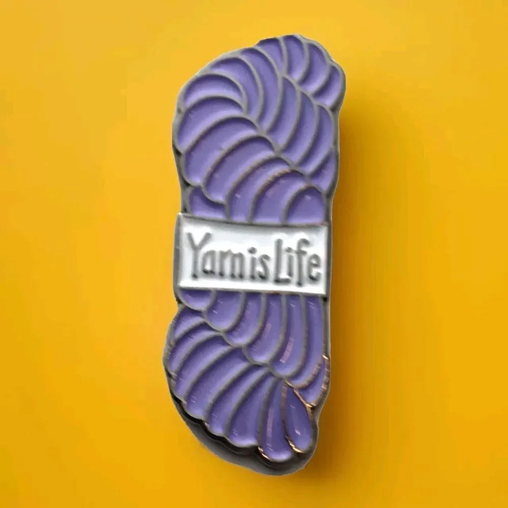Yarn is Life Pin Brooch Purple Gold Tone Enamel Crochet Crafts Knit
